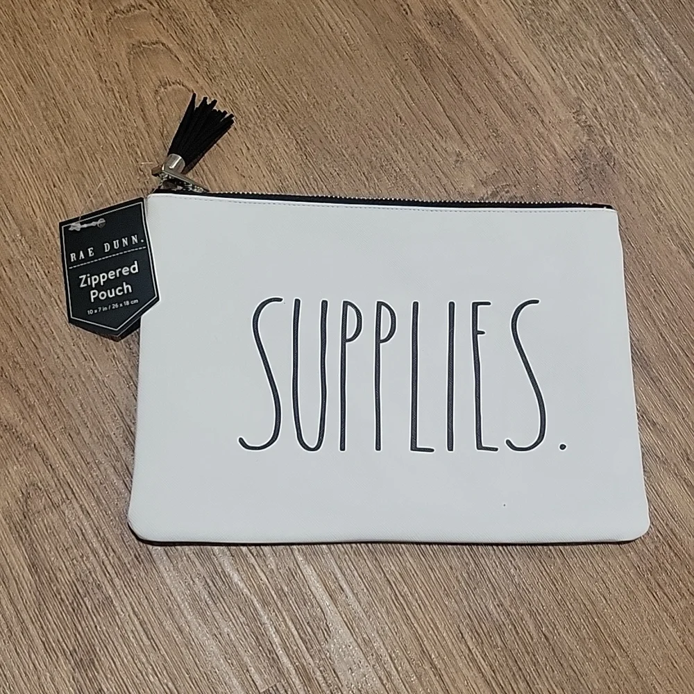 RAE DUNN White Zipper Faux Leather Pouch 